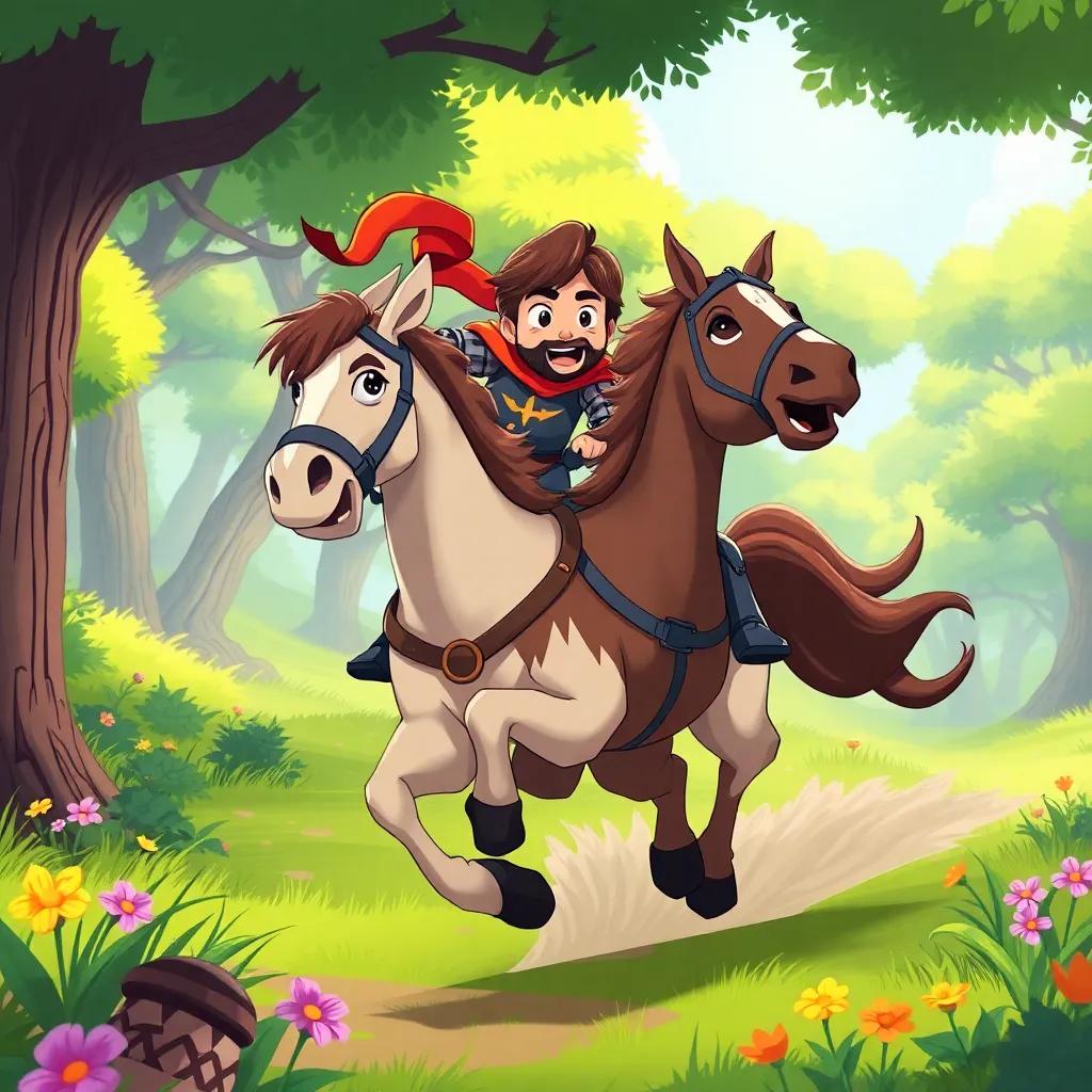 Rashid, the brave knight, riding a fast horse, galloping through a green forest with trees and flowers, determined face, dynamic pose, illustration, cheerful colors, adventure-themed, high quality