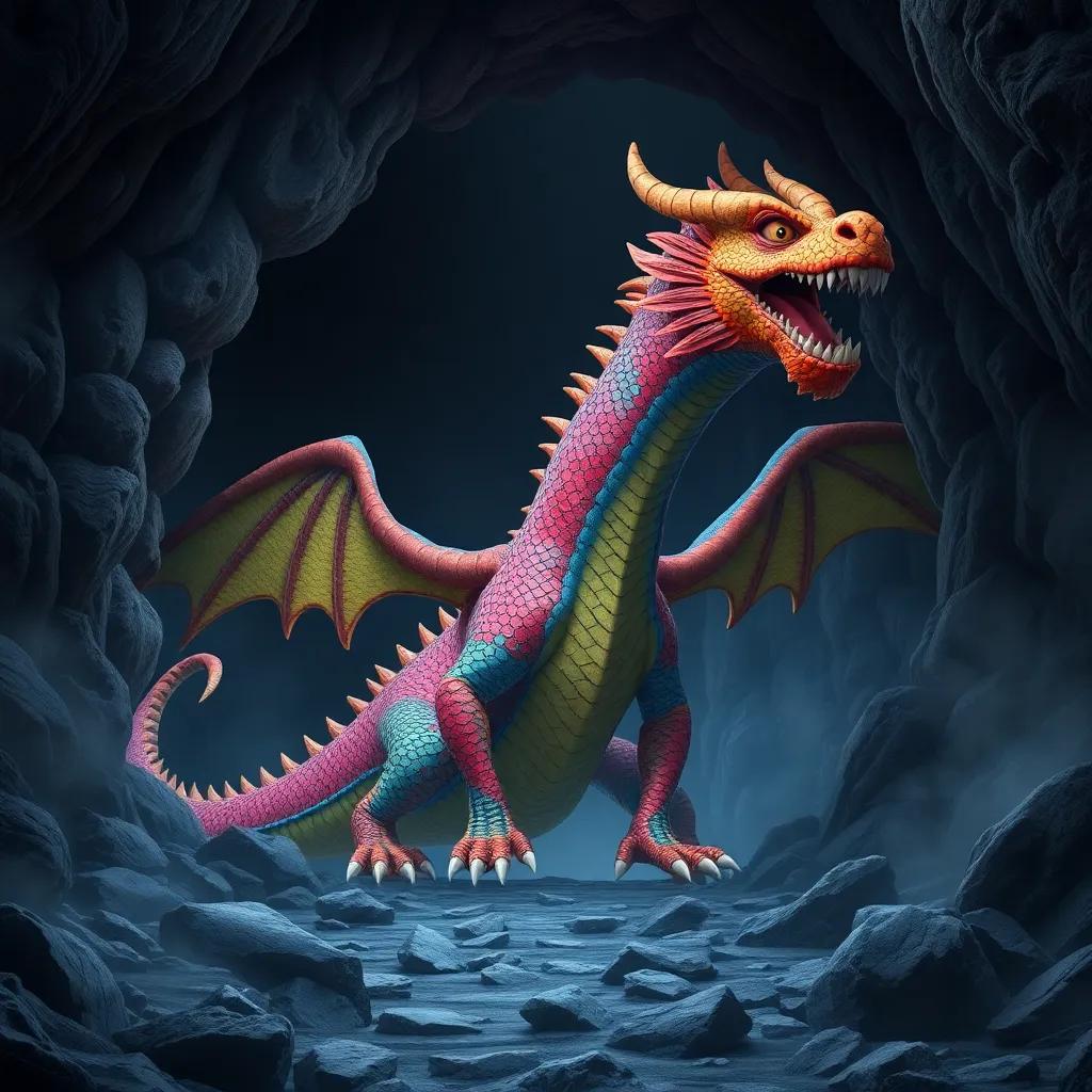 A giant dragon with colorful scales, blocking the entrance of a dark cave, with an intimidating stance, surrounded by rocky terrain, digital art, vivid colors, smoky atmosphere, high quality