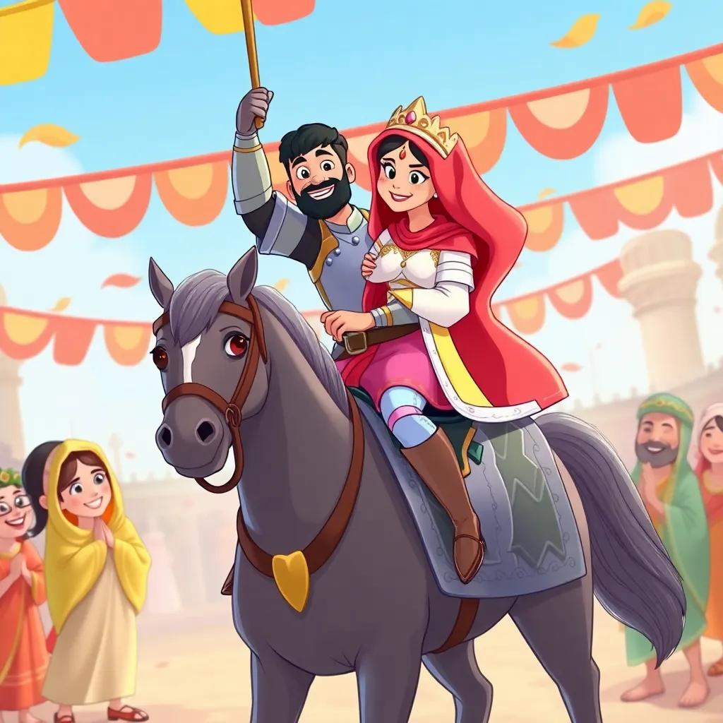 Rashid, the knight, proudly carrying Princess Noor on his horse, with the kingdom’s people celebrating in the background, colorful banners and smiles, vibrant colors, joyful atmosphere, illustration, high quality