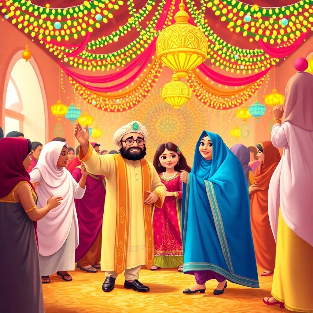 The festive scene in the kingdom, people dancing and celebrating, decorations and happiness all around, Rashid and Noor in the center, joyful and cheerful feeling, digital art, bright colors, high quality