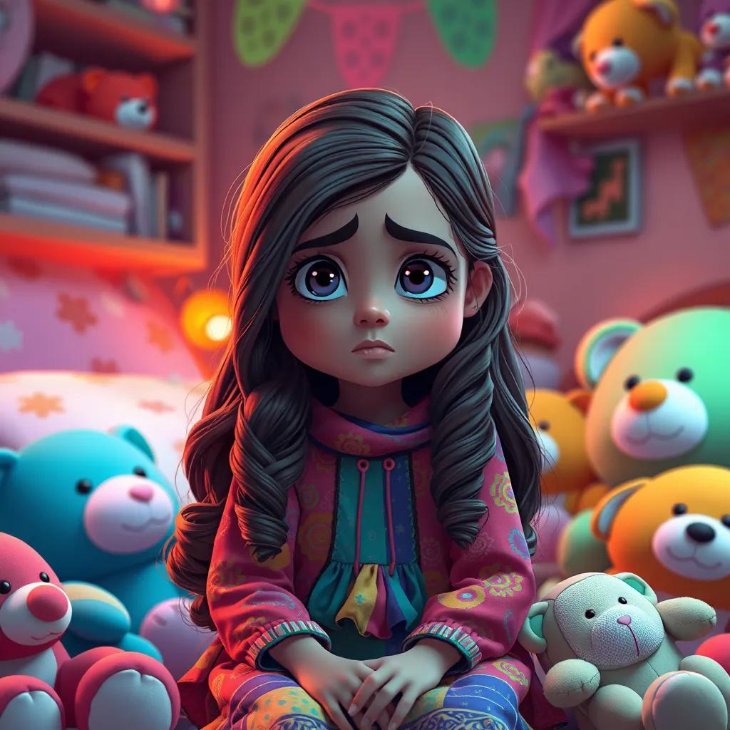 A young Arab girl, Leila, with long wavy hair, wearing a colorful dress, sitting in her bedroom with a worried expression, surrounded by colorful stuffed animals, digital art, warm colors, cozy atmosphere, high quality