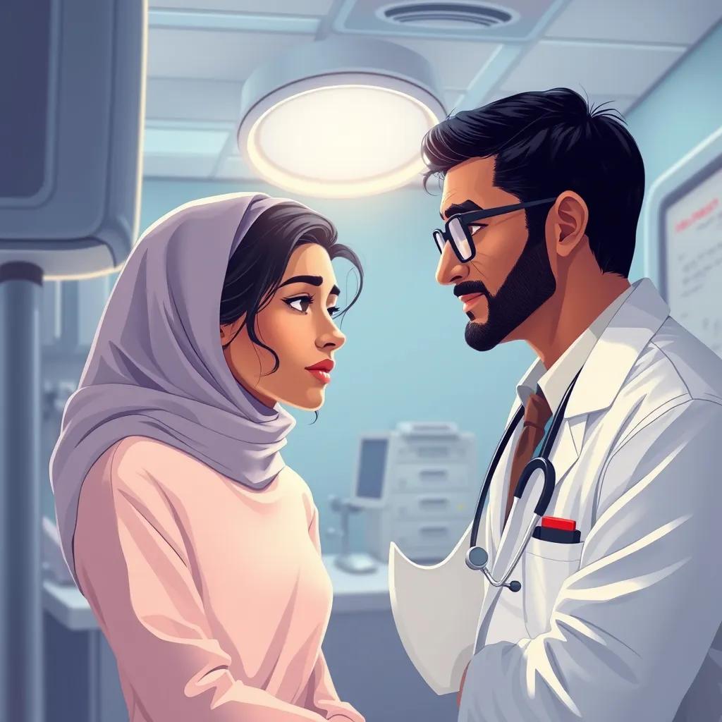 A caring doctor, an Arab man in his 30s with short black hair and glasses, examining Leila gently who looks tired, in a bright clinic with medical tools, detailed illustration, bright light, inviting colors, high quality