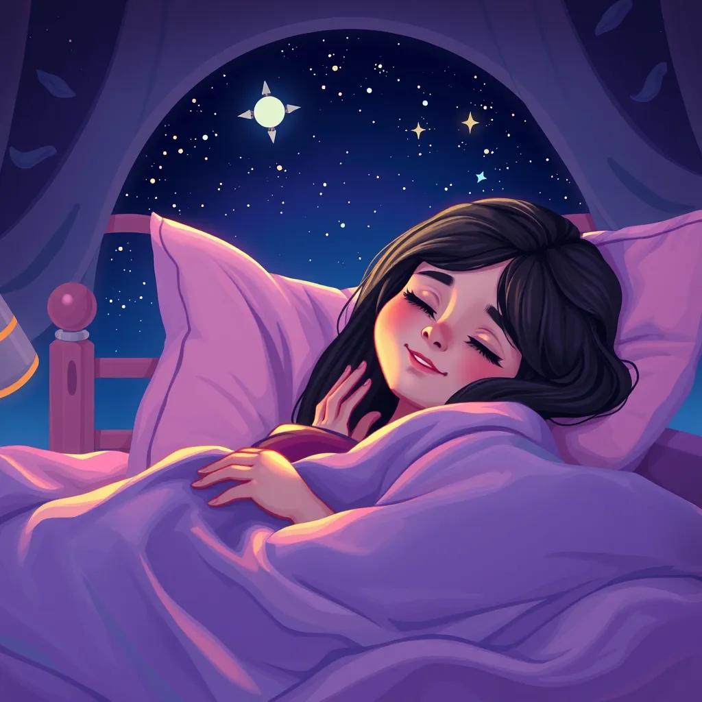 Leila, a young Arab girl, lying in her bed with a peaceful smile, under a starry night sky, feeling safe and sound, colorful bedroom décor, digital painting, calming colors, heartwarming scene, high quality