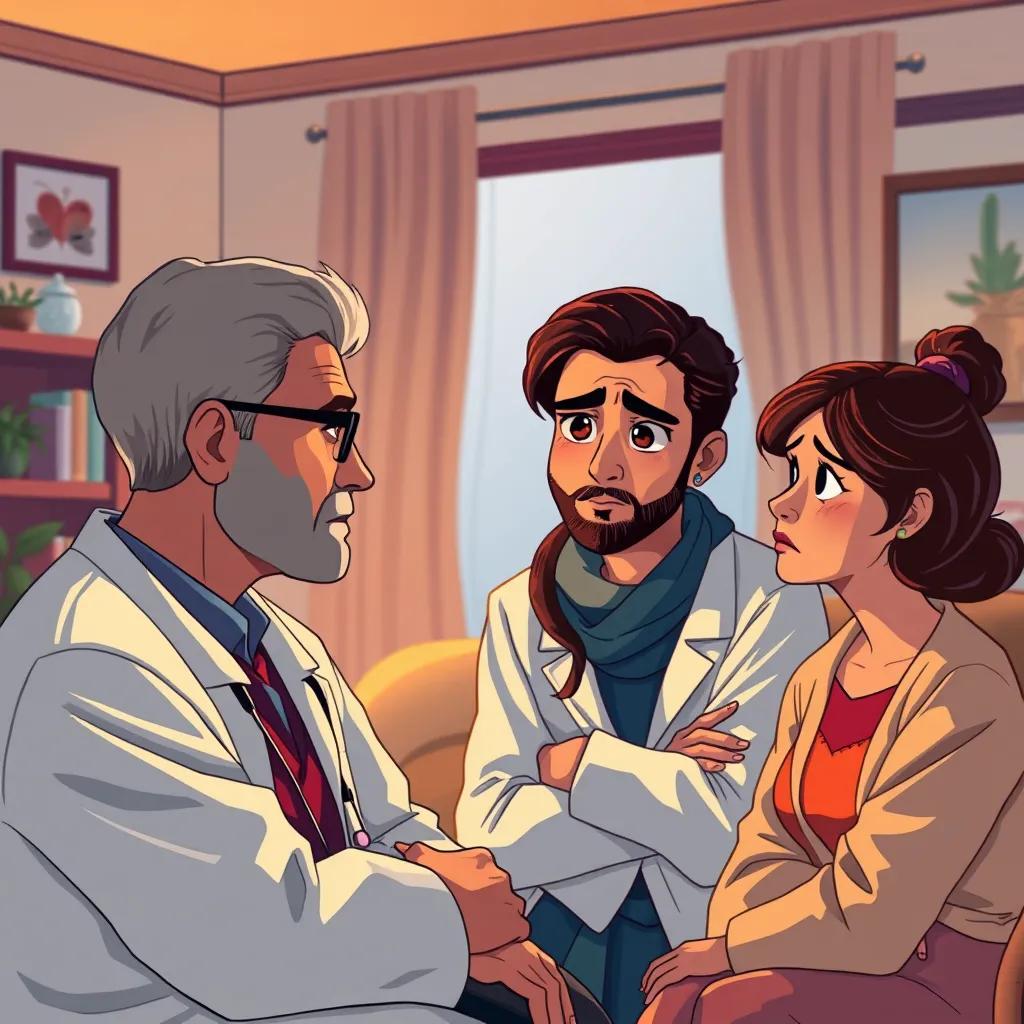 The doctor talking to Leila's parents, showing concern, in a comfortable living room with warm lighting, faces showing care and anxiety, illustration, vivid colors, emotional atmosphere, high quality
