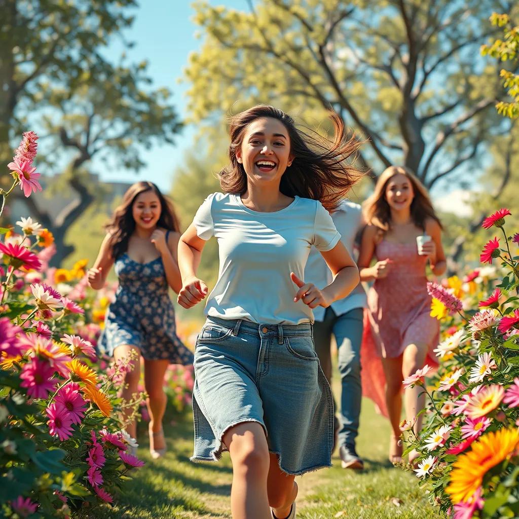 Leila celebrating her recovery, running in a sunny garden with her friends and family, smiling and joyful, flowers surrounding her, digital art, bright colors, joyful mood, high quality