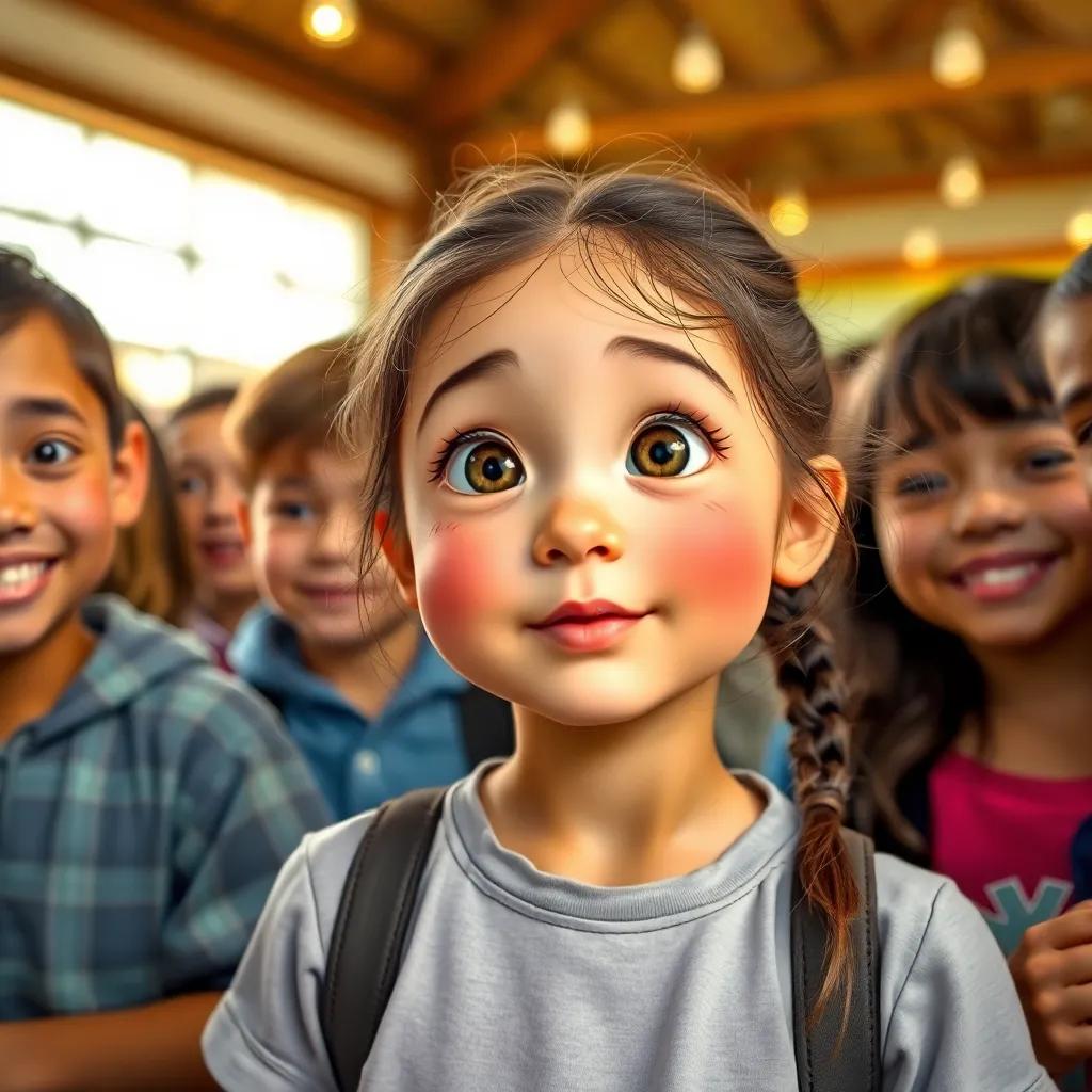 A young ordinary girl, looking curious and thoughtful, surrounded by her friends in a gathering, bright smiles, warm atmosphere, cheerful illustration, child-friendly