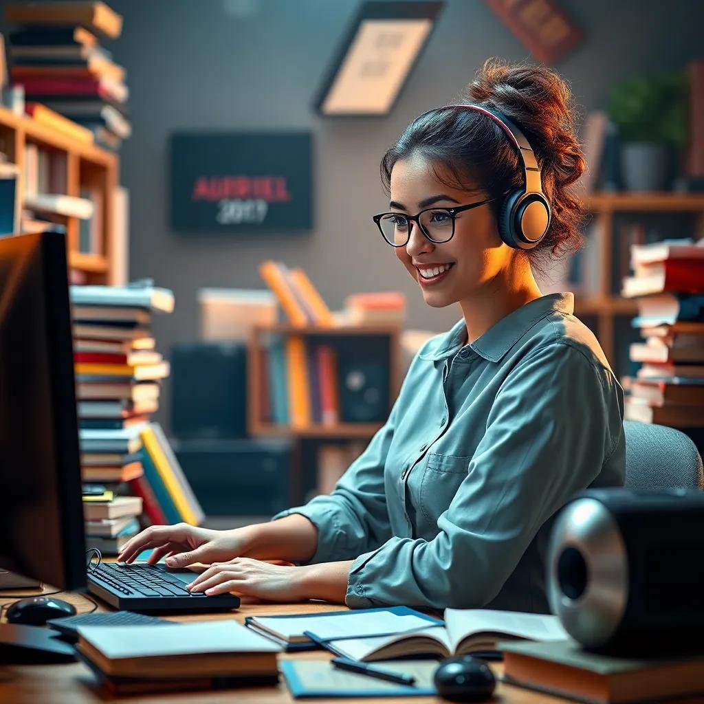 An ambitious young woman, studying computers with passion, surrounded by books and gadgets, filled with excitement and determination, digital art, vibrant colors, inspirational mood