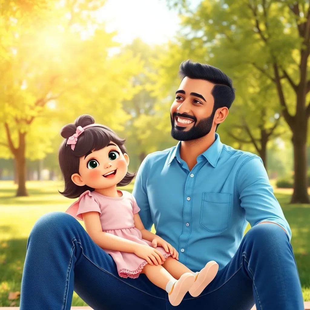 A father, an Arab man in his 30s with short black hair, wearing a blue shirt and jeans, sitting with his young daughter in a beautiful park, bright sunlight, green trees, cheerful atmosphere, digital art, child-friendly, warm colors, high quality