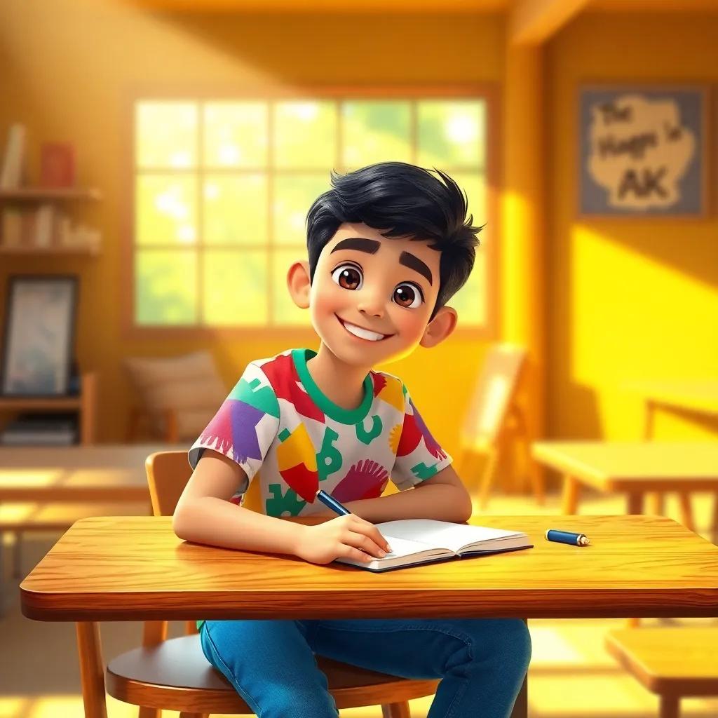 A young Arab boy, Ali, with short black hair, wearing a colorful shirt and jeans, sitting under a tree in a garden, writing in a beautiful white notebook, digital art, cheerful atmosphere, vibrant colors, joyful perspective, high quality