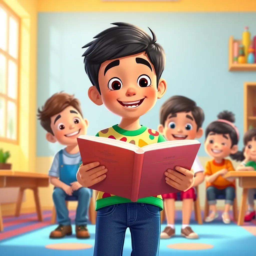 Ali, a young Arab boy, with short black hair and a colorful shirt, surrounded by trees in the garden, smiling while writing in his notebook, illustration, creative and inspiring, warm sunlight, child-friendly