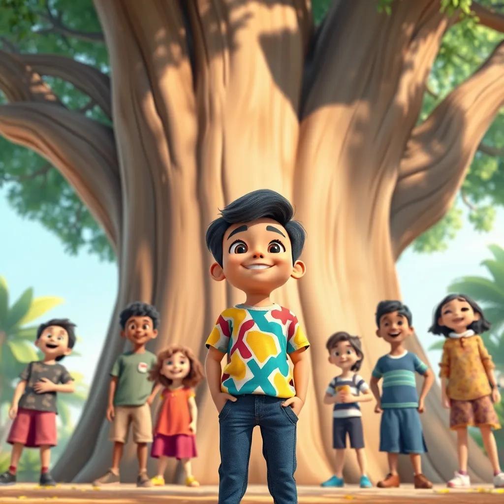 Ali, a young Arab boy, standing in front of his classmates at school, with excitement on his face, holding his notebook, bright classroom background, engaging and cheerful, vibrant colors, storytelling scene, positive energy