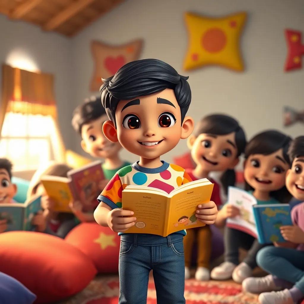 Ali, a young Arab boy, with short black hair in a colorful shirt, reading his story to friends, captivated audience, classroom filled with students paying attention, illustration, lively atmosphere, child-friendly