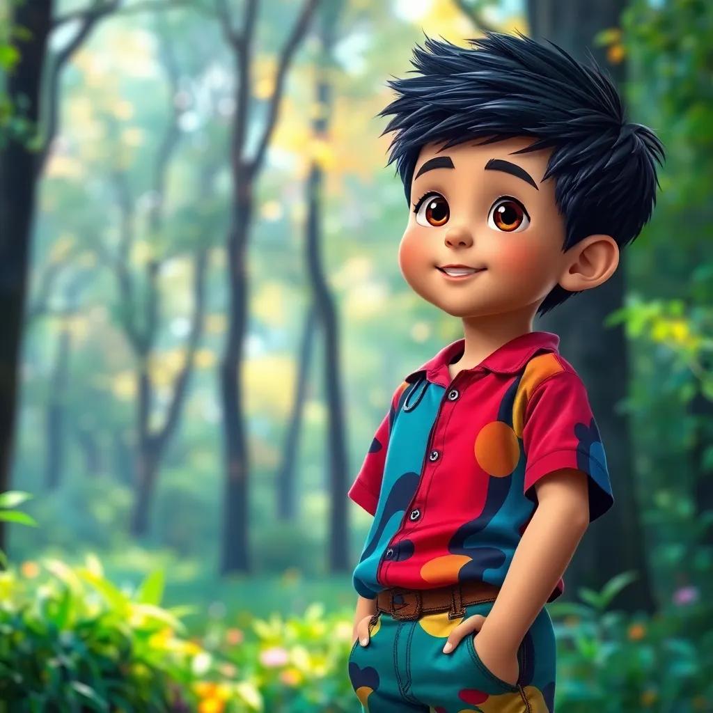 A brave boy named Sami, with short black hair, wearing a colorful shirt and shorts, standing in a vibrant forest with shining trees, look of curiosity and excitement, digital art, lively colors, enchanting atmosphere, high quality