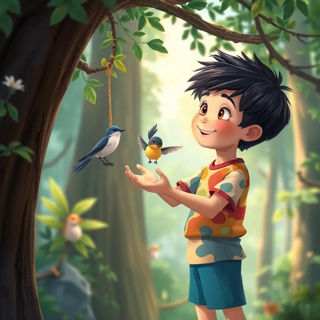 Sami, a brave boy with short black hair wearing a colorful shirt and shorts, gently freeing a small bird caught in the tree branches, surrounded by magical forest scenery, illustration, heartwarming and adventurous, cheerful, child-friendly