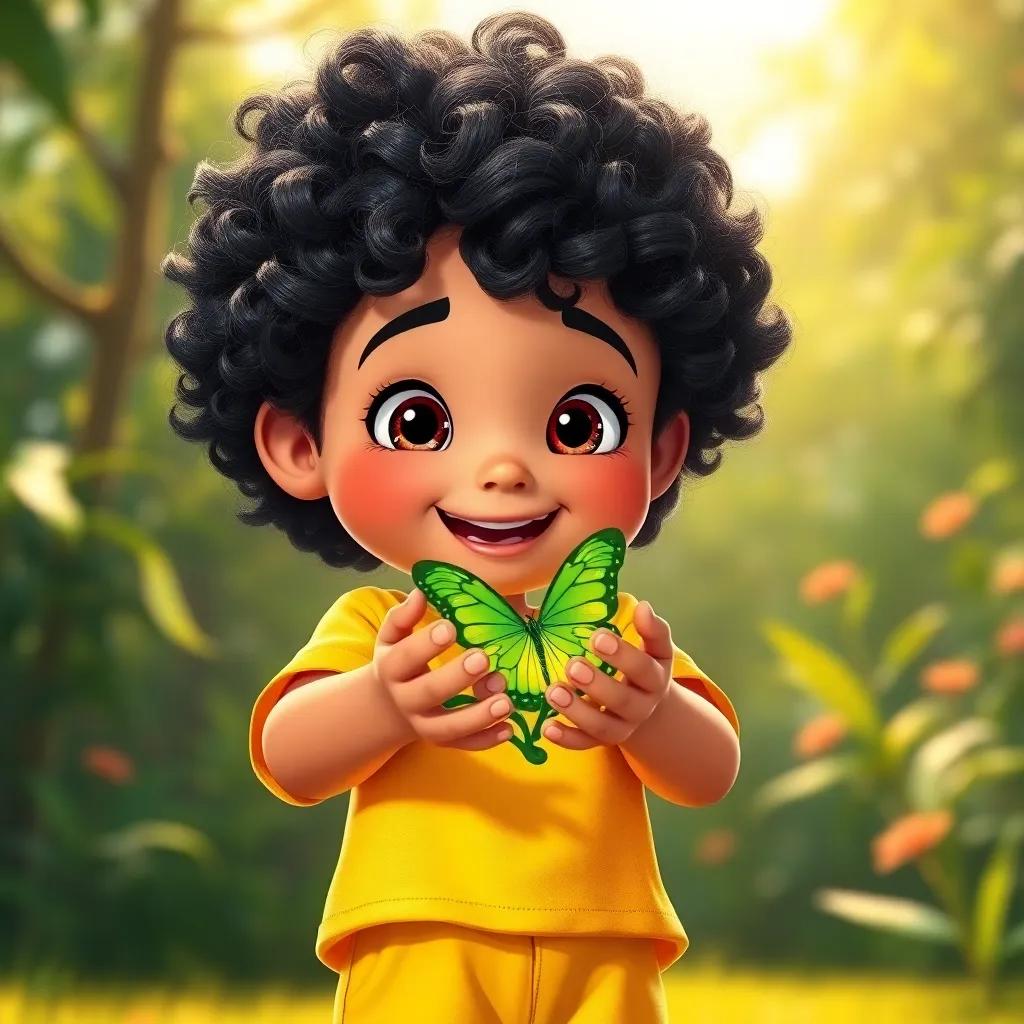 A little boy, Ali, with curly black hair, wearing a bright yellow t-shirt and shorts, excitedly holding a green butterfly cocoon in his hands under the sun, cheerful atmosphere, digital art, vibrant colors, warm light, high quality