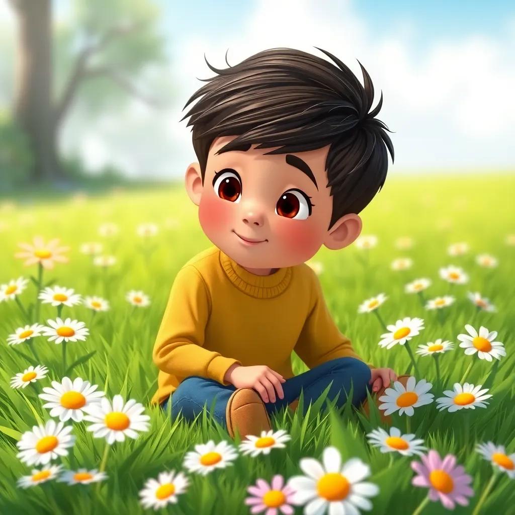 Ali, a little boy, sitting on green grass, talking to himself with a look of curiosity, colorful daisies around him, bright day, illustration, friendly, engaging, childlike perspective