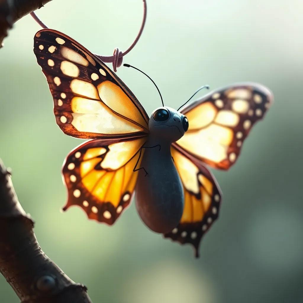A struggling butterfly, trying to break free from its cocoon, looking tired and weak, with delicate wings partly visible, soft light, tender atmosphere, detailed art, emotional appeal, focus on the butterfly