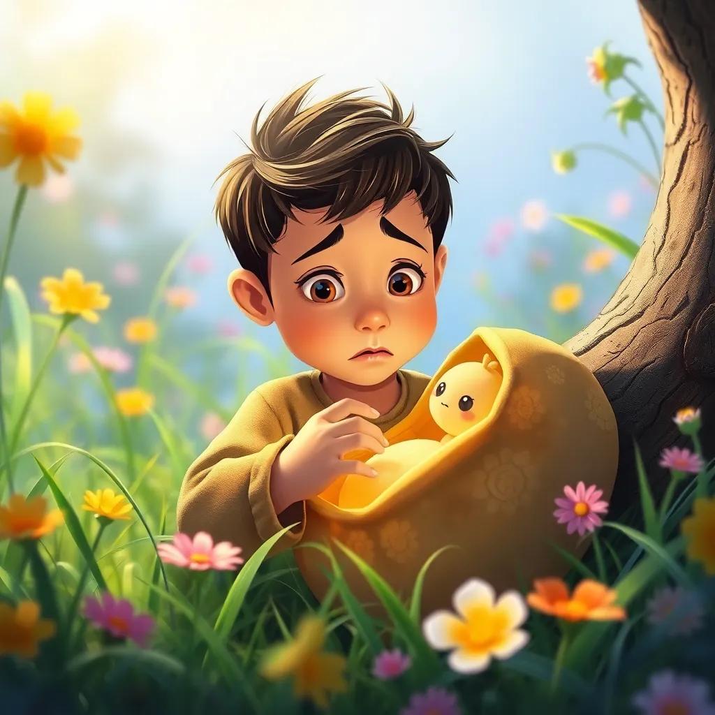Ali, a little boy, gently opening the cocoon, with a worried expression, surrounded by grass and flowers, bright colors, heartwarming scene, storytelling view, nature theme