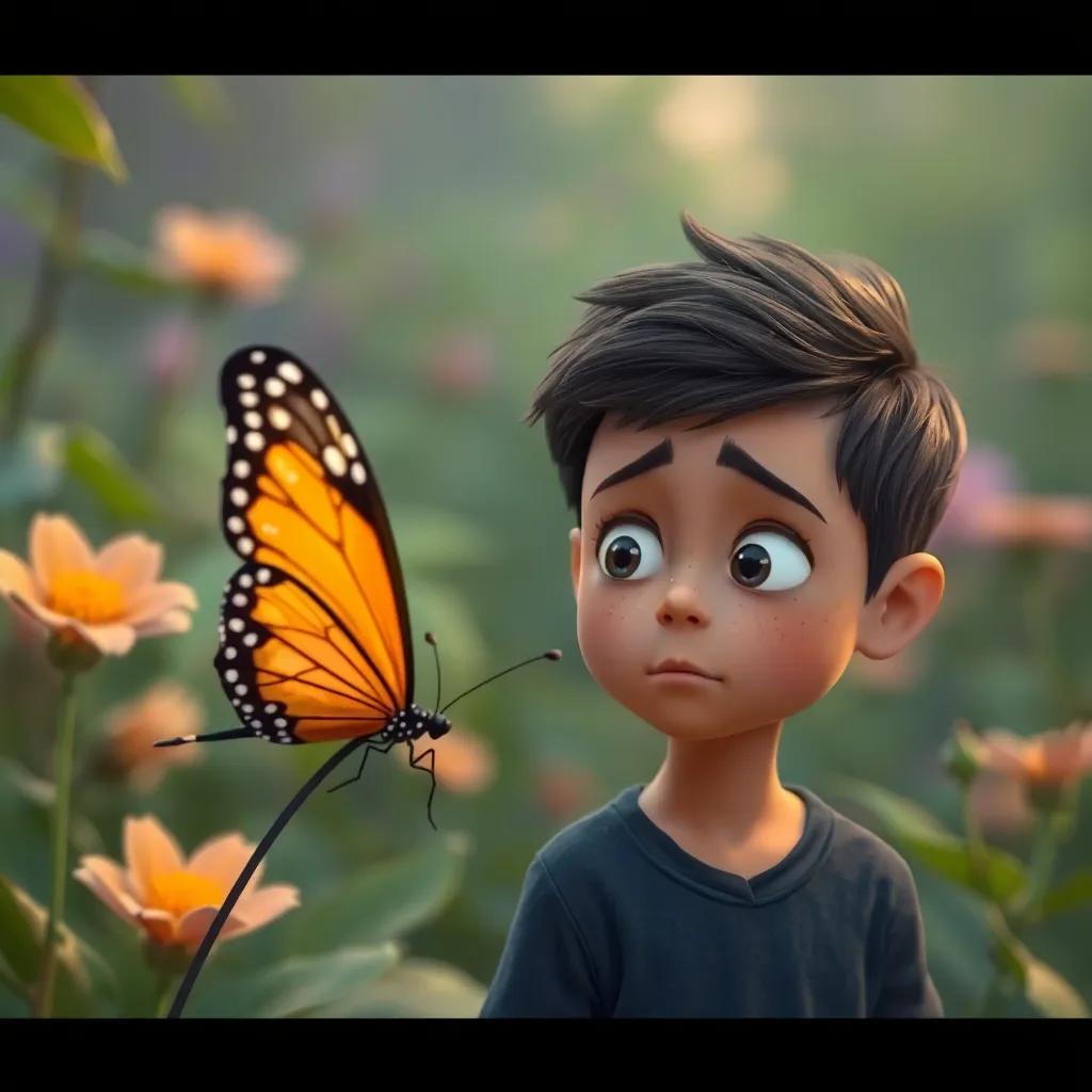 A butterfly with weak wings, looking weak next to Ali, a little boy, who looks sad, a serene garden background, gentle color tones, thoughtful moment, soft focus