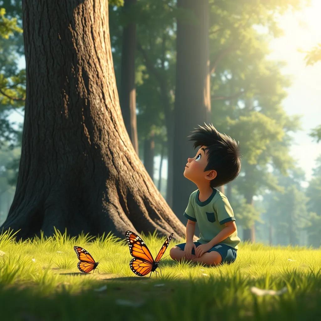 Ali sitting next to the butterfly on the ground, both looking up at the tall trees, sunny day, calm ambience, light and shadow play, contemplative art