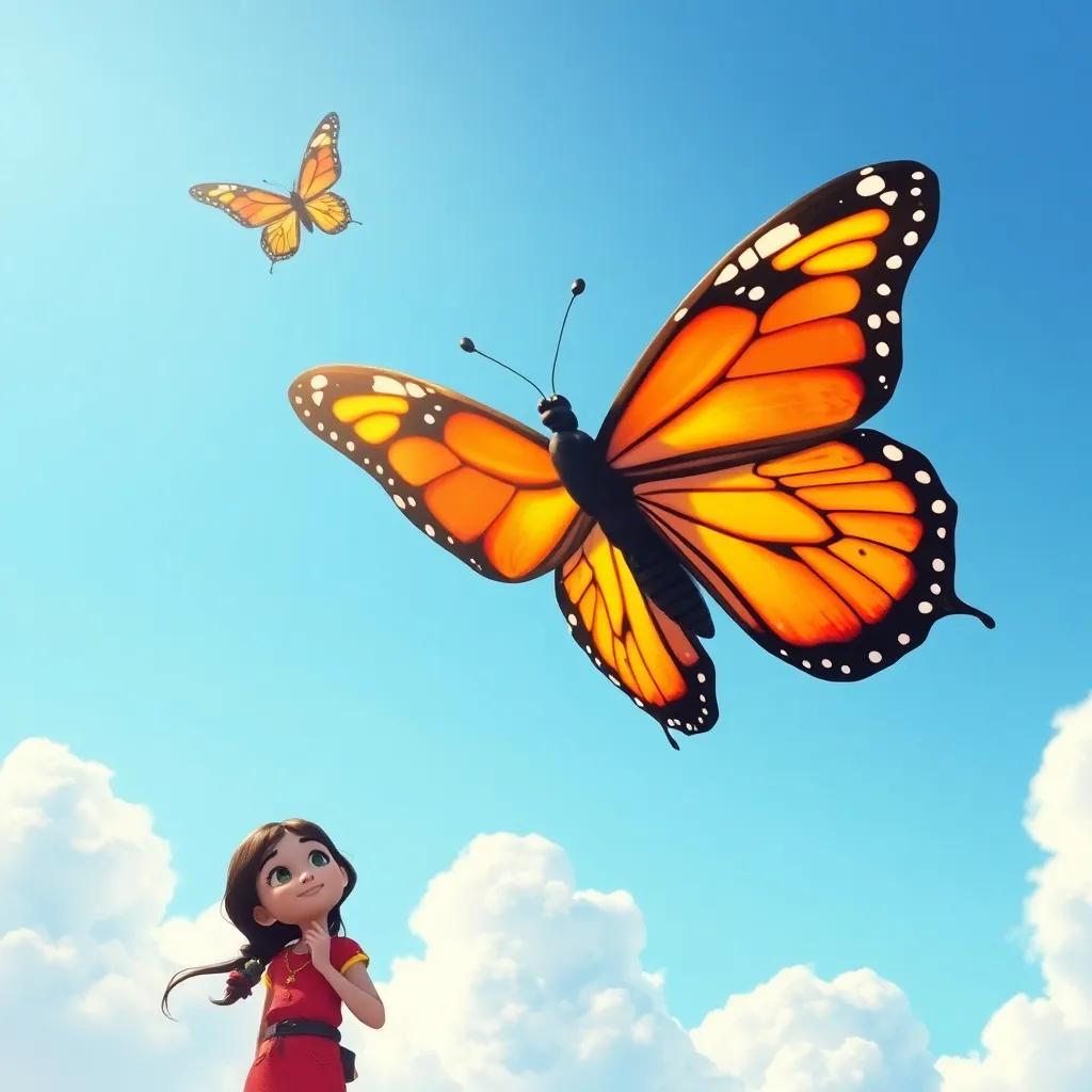 An inspiring moment with the butterfly flapping its wings for the first time in the sky, Ali cheering below, bright blue skies and fluffy clouds, joyous feeling, uplifting scene, colorful painting