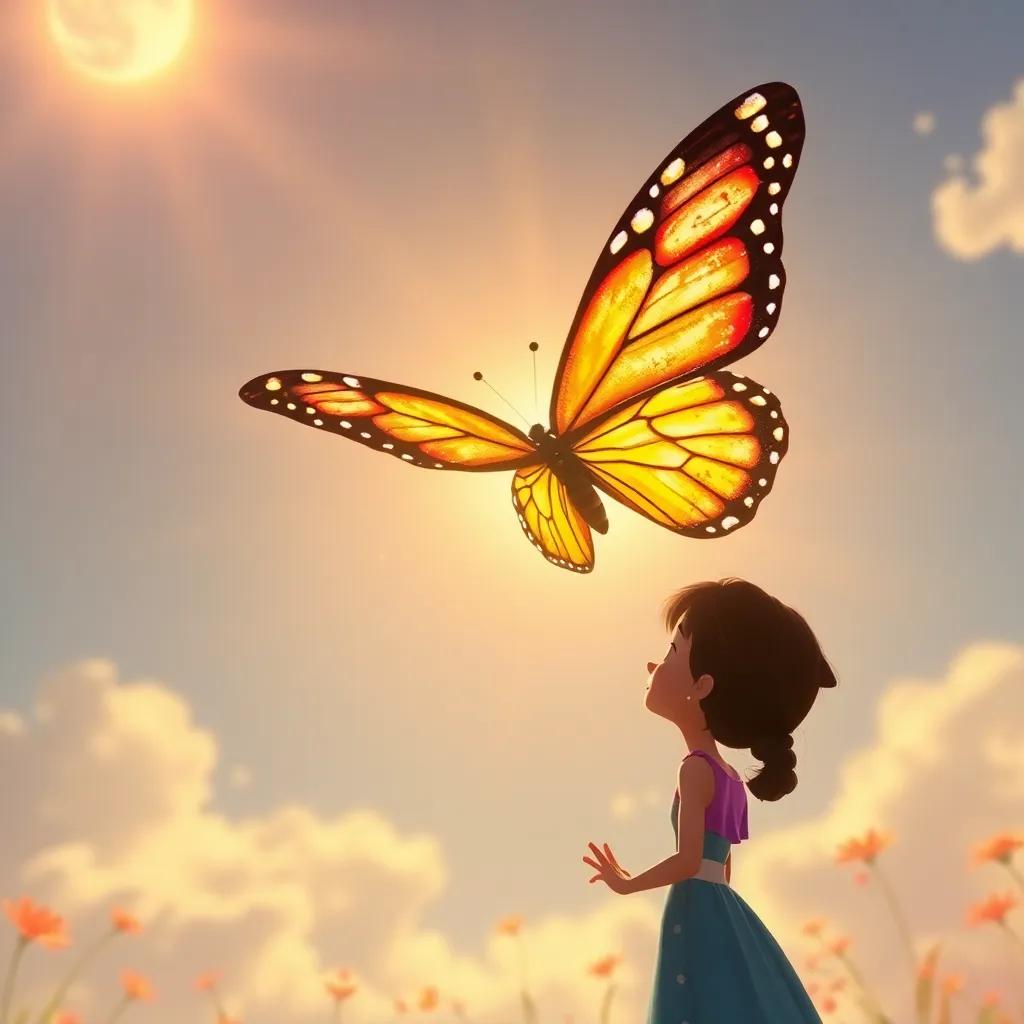 The butterfly flying high with confidence, saying goodbye to Ali below, with a shining sun in the background, warmth radiating, vibrant colors, dreamlike atmosphere