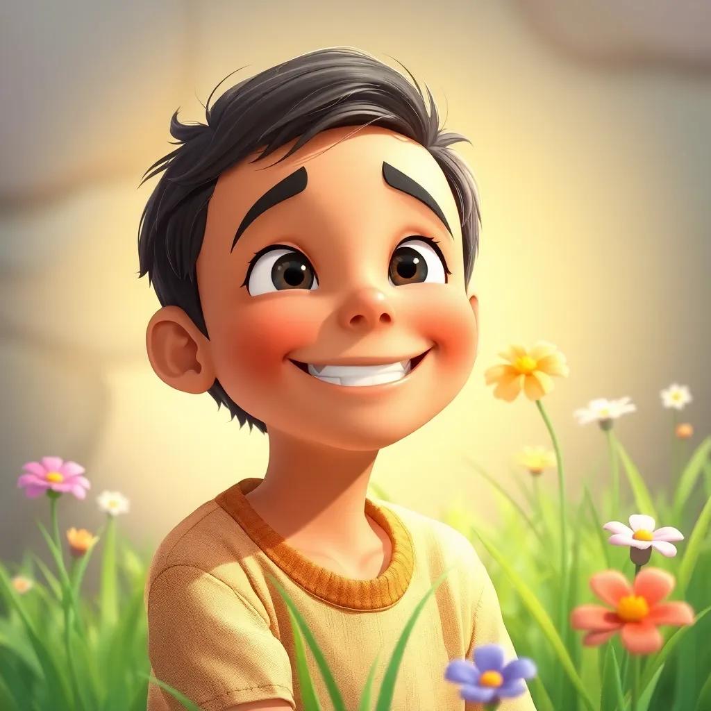 Ali smiling and realizing the beauty of challenges, grass and flowers around him, bright light, positive energy, artistic view, child-friendly