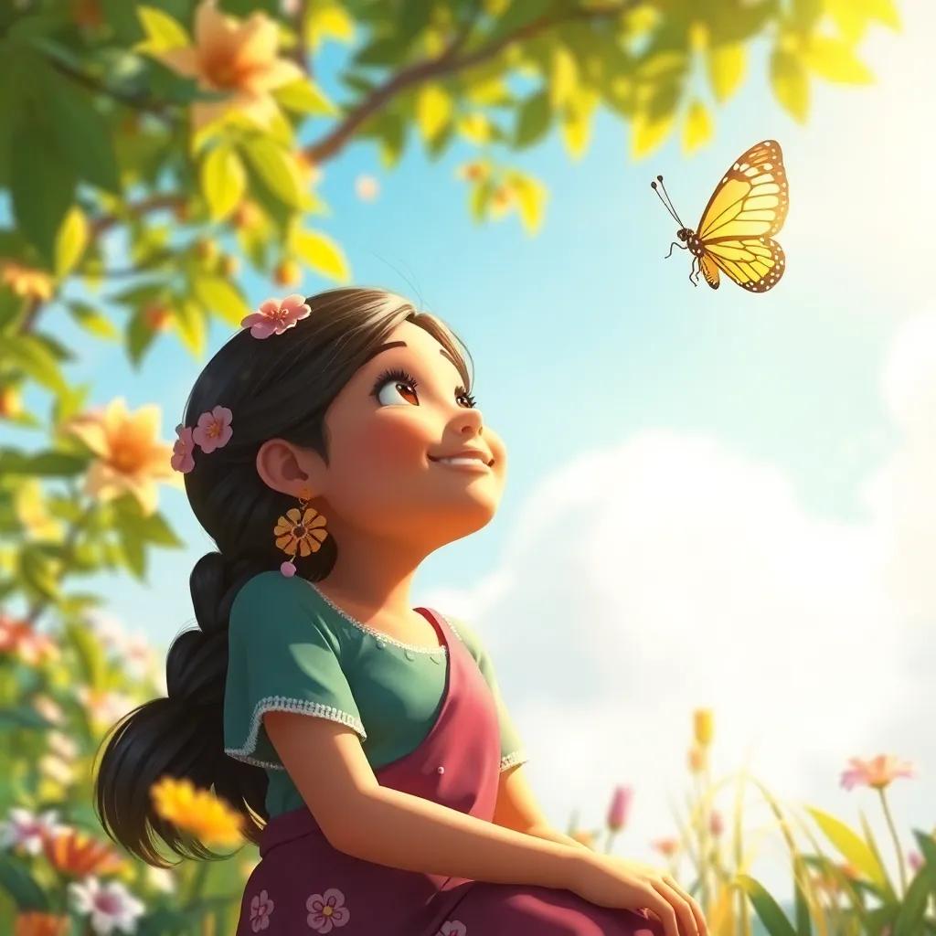 Ali happily watching the butterfly fly off, with a sense of fulfillment, surrounded by nature, sparkling sunshine, uplifting spirit, joyful artwork