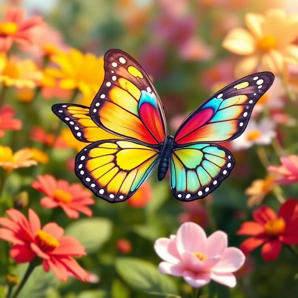 A beautiful butterfly named Lulu with bright colors like red, yellow, and blue, fluttering in a vibrant garden filled with blooming flowers, digital art, colorful, cheerful atmosphere, high quality