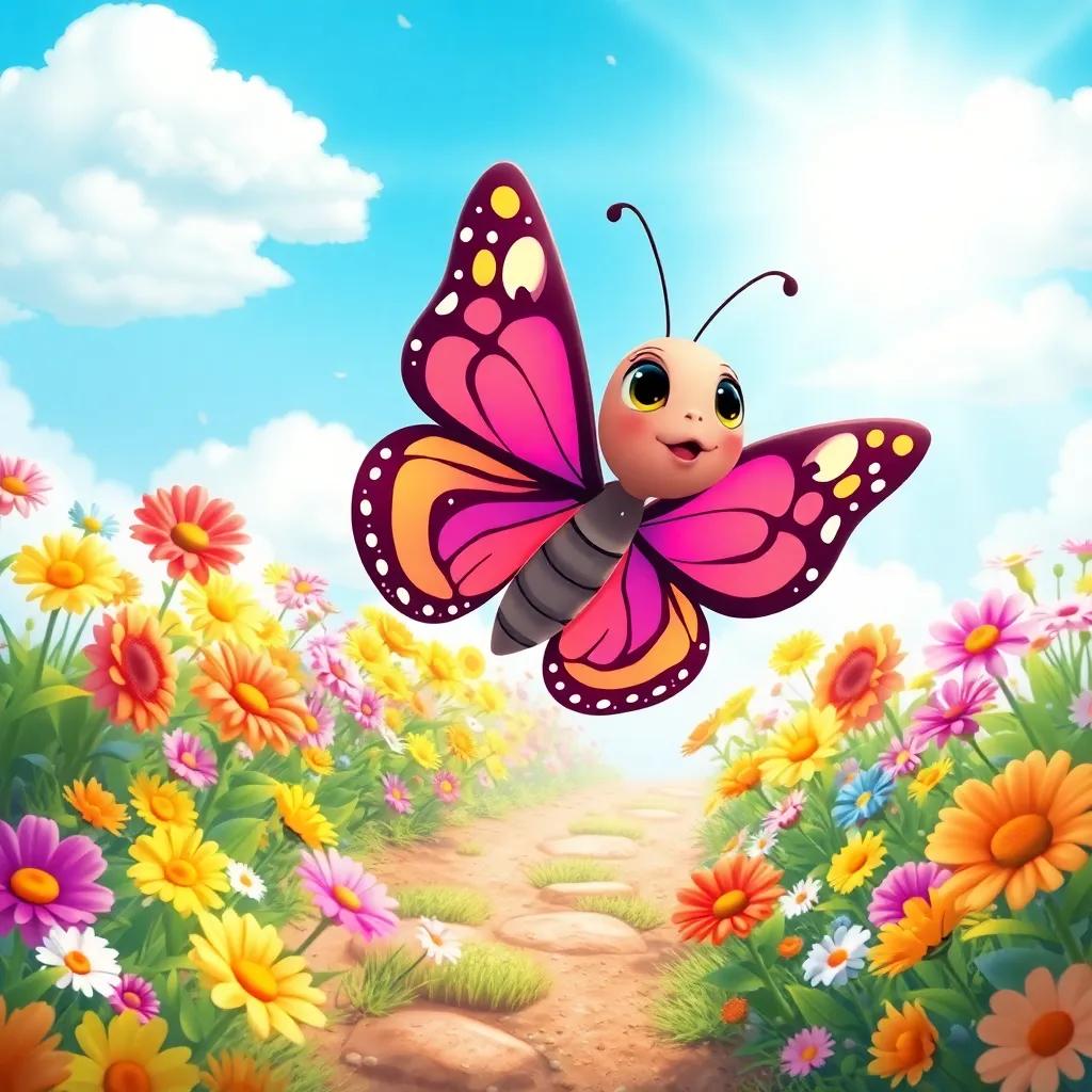 Lulu the butterfly flying towards a new garden with colorful flowers all around, with bright blue sky and sunlight shining down, illustration, vibrant, inviting scenery, child-friendly