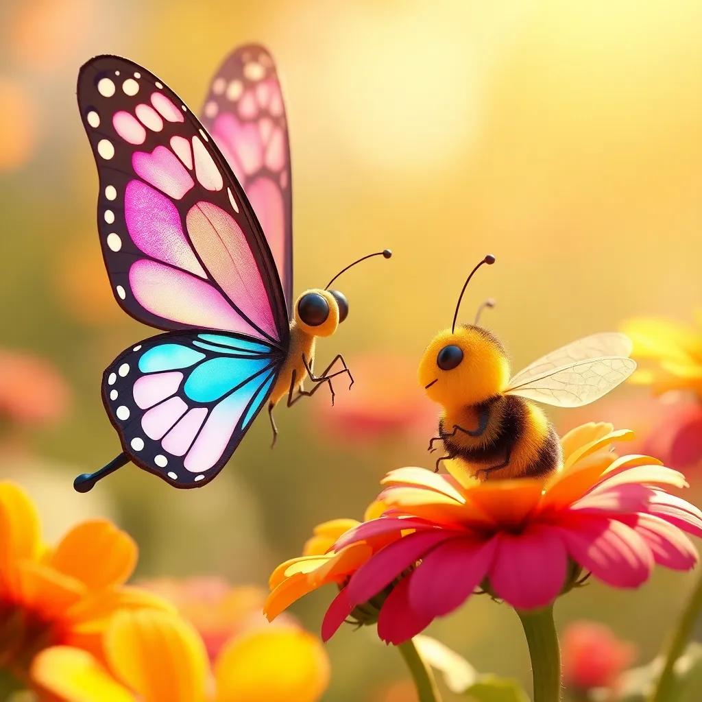 Lulu, a bright butterfly, meeting a tiny bee named Mimi, who is yellow and black, busy collecting nectar from flowers, detailed digital art, warm light, happy interaction, high quality