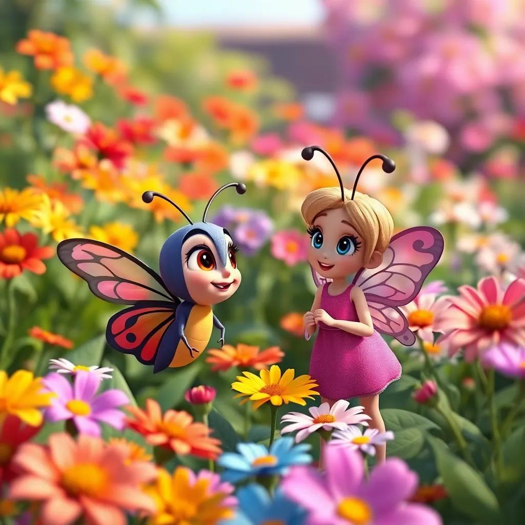 Lulu the butterfly asking Mimi about collecting nectar, in a garden filled with colorful flowers, lively colors, cheerful mood, storytelling view, high quality