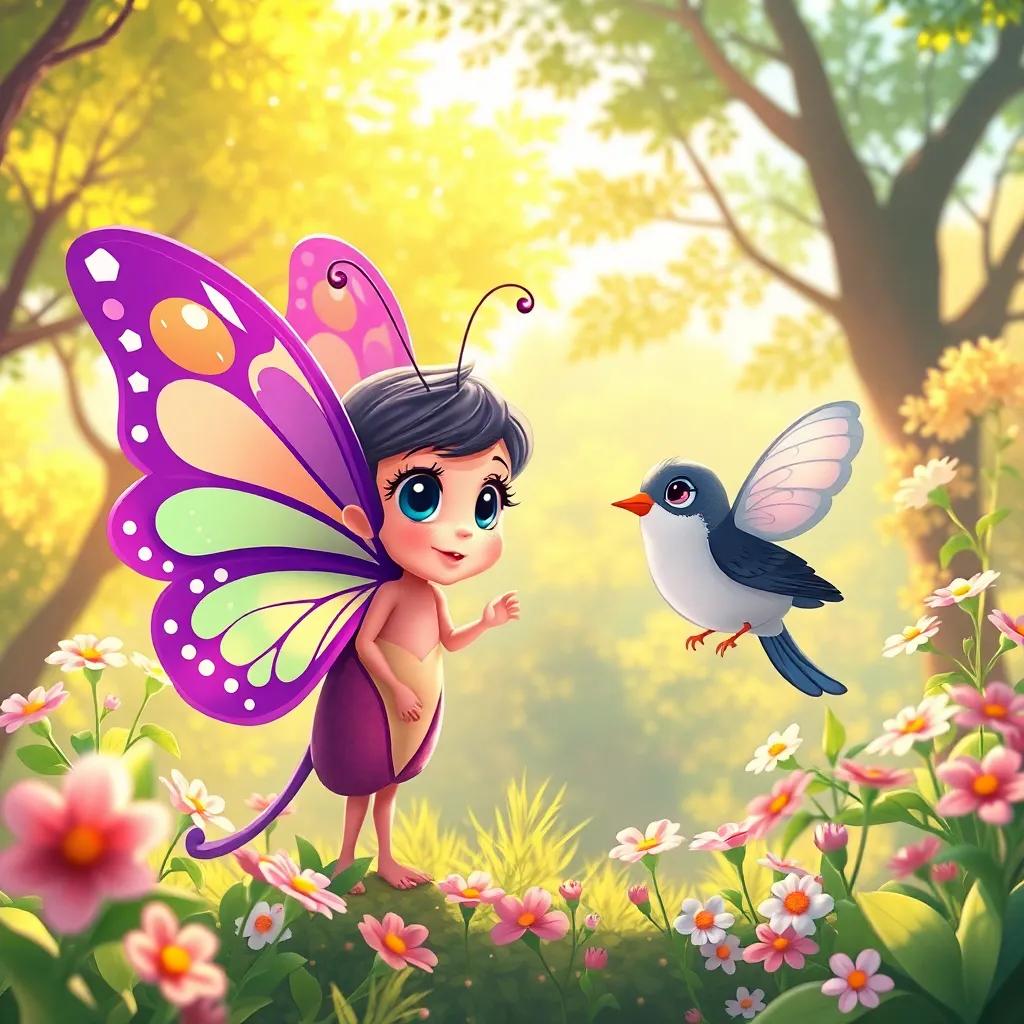 Lulu the butterfly encountering a small bird named Toto, who is singing beautifully, surrounded by bright trees and flowers, delightful illustration, warm sunlight, high quality
