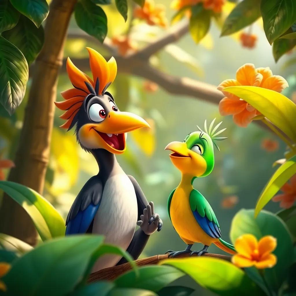 Toto the singing bird sharing the joy of song with Lulu, in a happy leafy paradise, with dazzling colors and cheerful atmosphere, wide shot, rich detail, high quality