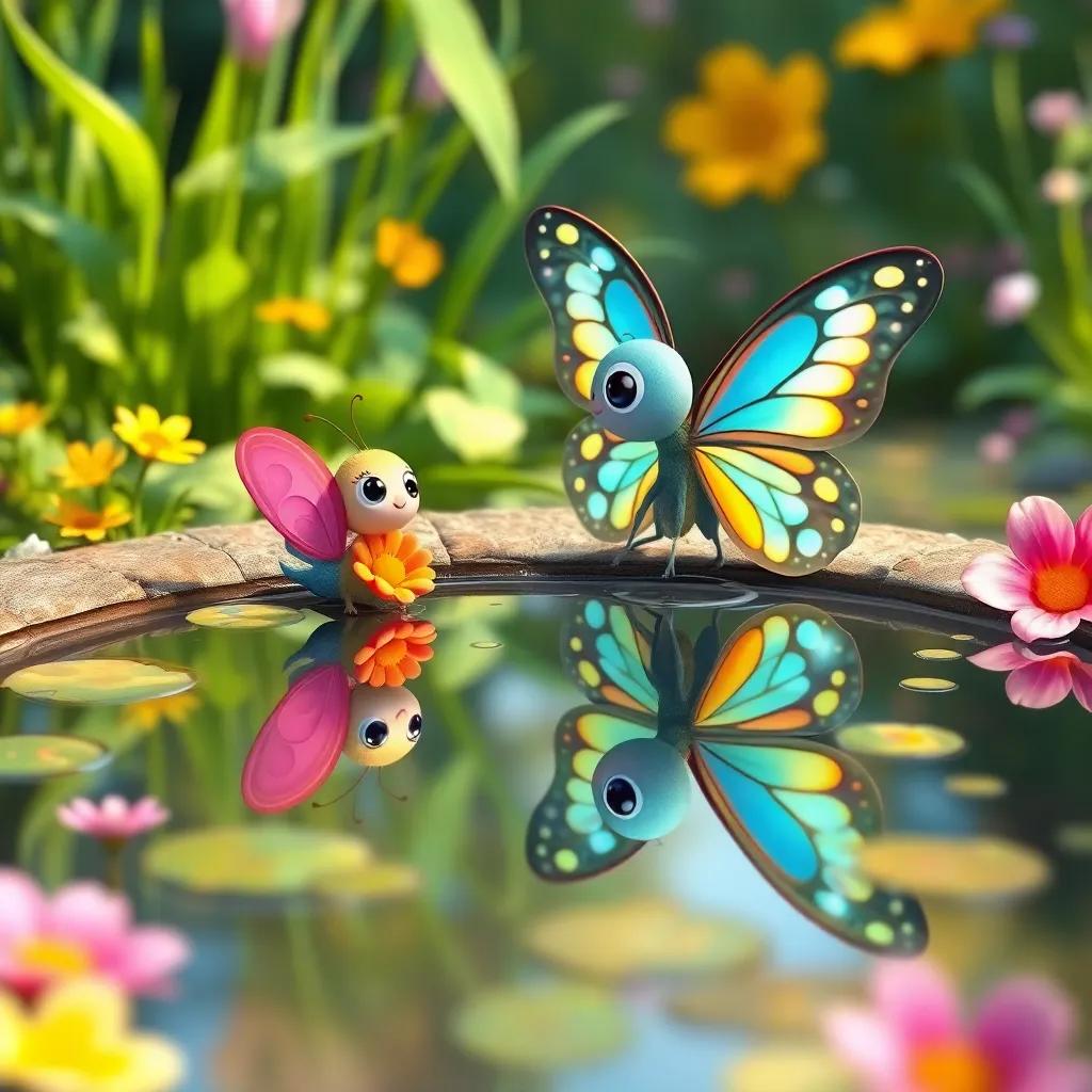Lulu the butterfly admiring her reflection in a clear pond, with bright colors shining back at her, surrounded by greenery and flowers, whimsical art, joyful and fun vibe, high quality