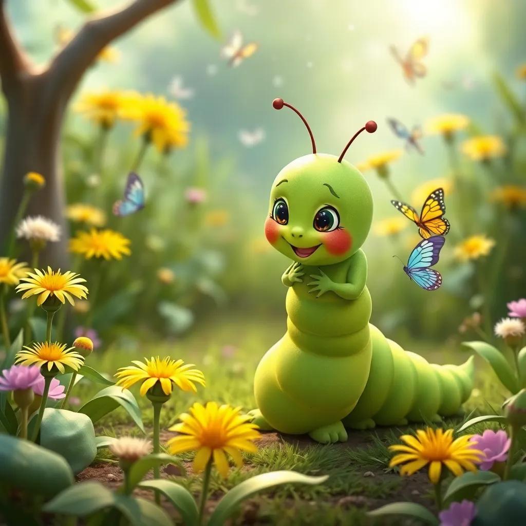 Susu, a green caterpillar, playing with Lulu in a garden with dandelions and butterflies, creating a cheerful atmosphere, bright colors, cute interaction, child-friendly