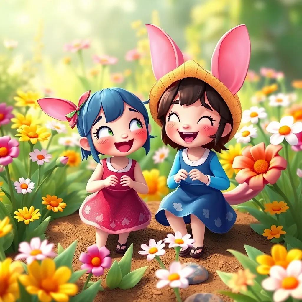 Lulu and Susu sharing adventures in the garden, both happy and enjoying their time together with flowers all around, colorful, friendly scene, high quality