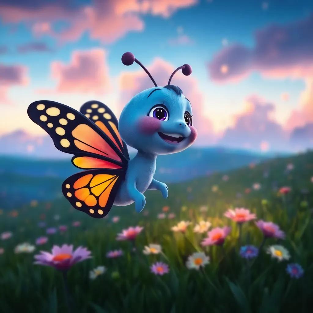 Lulu the butterfly returning home, happy with her memories, realizing that beauty comes in different shapes, with colorful skies reflecting her joy, heartwarming scene, high quality