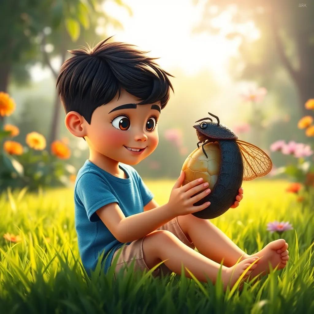 A young boy, Ali, with short black hair, wearing a blue t-shirt and beige shorts, sitting on green grass in a garden, looking at a chrysalis with fascination, bright colors, cheerful atmosphere, digital art, vibrant and inviting, high quality