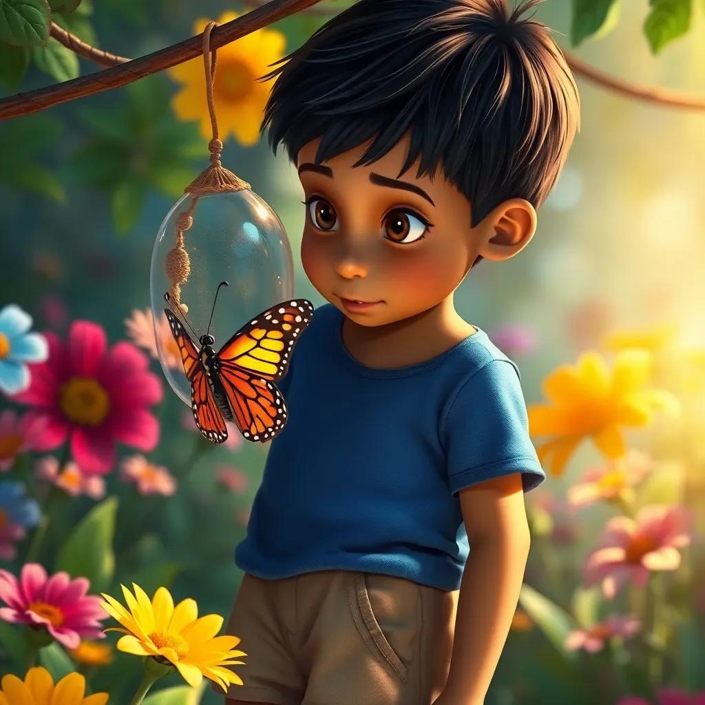 Ali, a young boy with short black hair, wearing a blue t-shirt and beige shorts, watching a struggling butterfly inside a chrysalis, the background shows colorful flowers, close-up, detailed, warm sunlight shining through, emotional depth, high quality