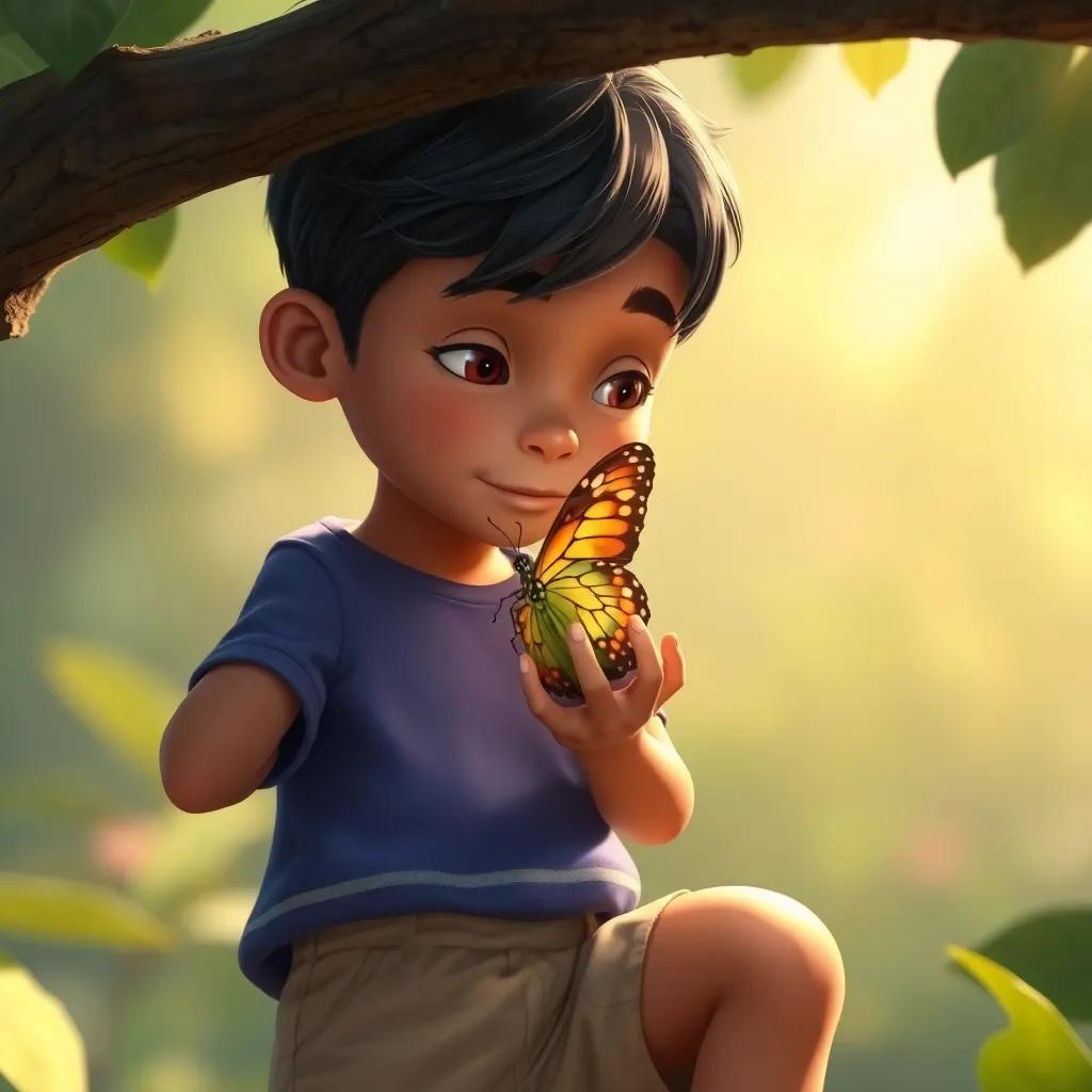 A young boy, Ali, with short black hair, wearing a blue t-shirt and beige shorts, gently opening the chrysalis to help the butterfly, the scene captures tension, with the butterfly trying to emerge, soft colors, dramatic light, focus on emotions, high quality