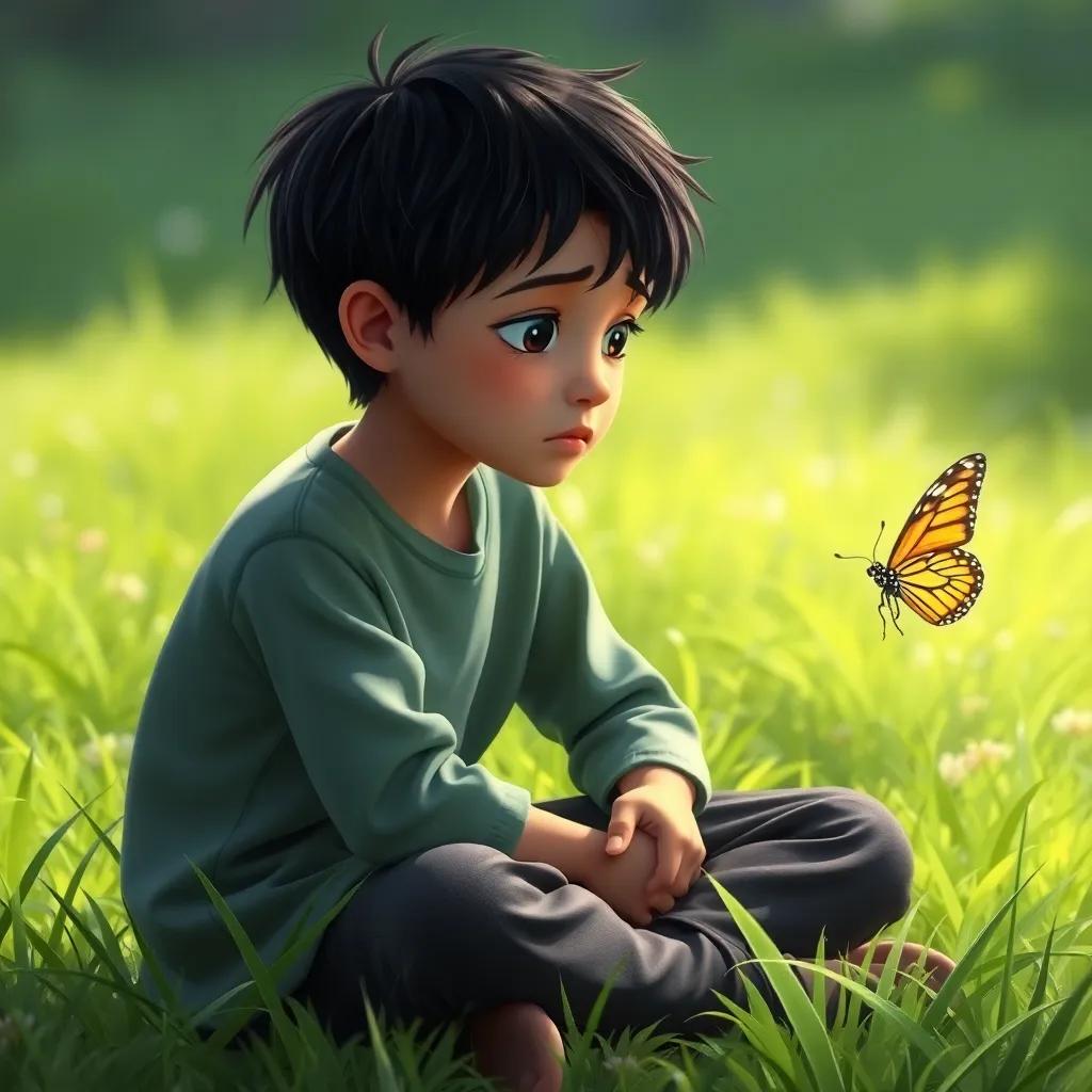 Ali, a young boy with short black hair, sitting sadly on the grass, watching the butterfly struggle, his expression is thoughtful and sad, gentle greens around him, soft light, atmosphere of reflection, high quality