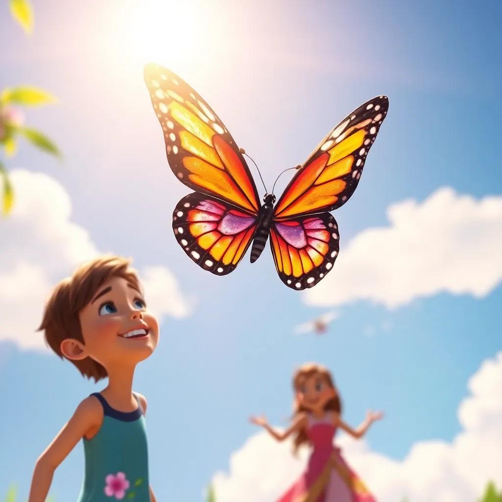 A scene showing the beautiful butterfly with brightly colored wings flying freely in the air, with Ali watching in excitement, capturing joy and admiration, warm sunshine, vibrant colors, capturing the essence of freedom, high quality