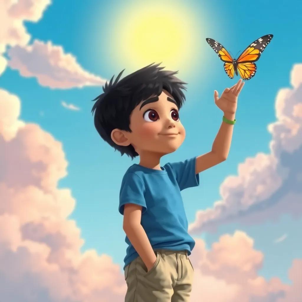 Ali, a young boy with short black hair, wearing a blue t-shirt and beige shorts, daydreaming about flying like the butterfly, imaginative scene with clouds and sunshine, colorful background, reflecting on lessons learned, high quality