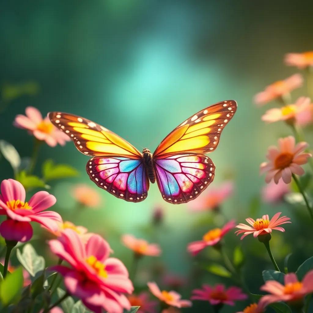 A close-up of the colorful butterfly finally flying, surrounded by flowers and greenery, symbolizing beauty and growth, radiant colors, inspirational vibe, high quality