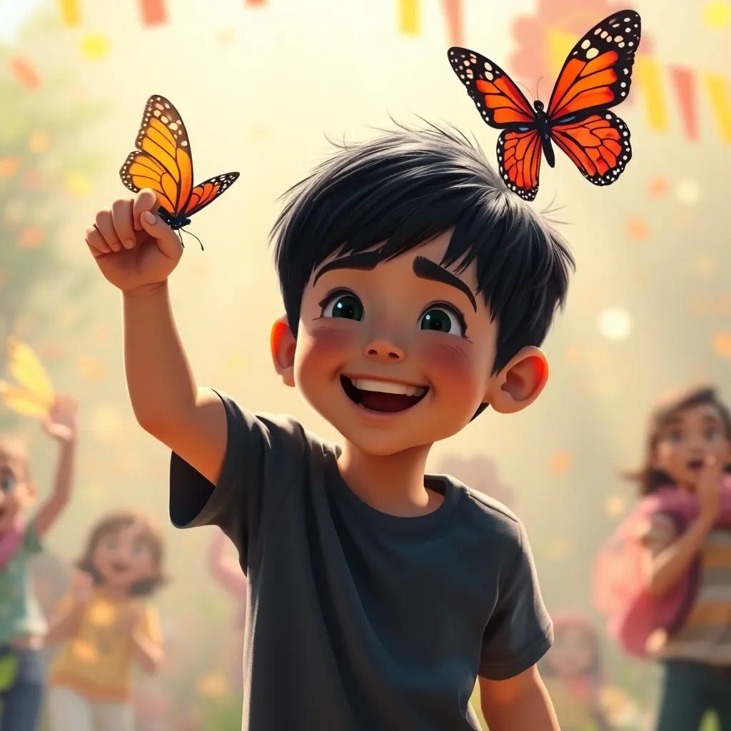 Ali, a young boy with short black hair, joyously celebrating the first flight of the butterfly, the background filled with sunshine and loud laughter, festive atmosphere, capturing friendship, high quality