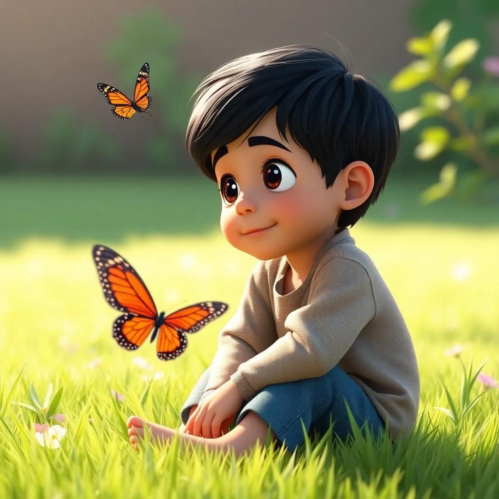 Ali, a young boy with short black hair, sitting on grass, looking thoughtful as he watches the butterfly flying around the garden, capturing a moment of reflection, gentle light, high quality