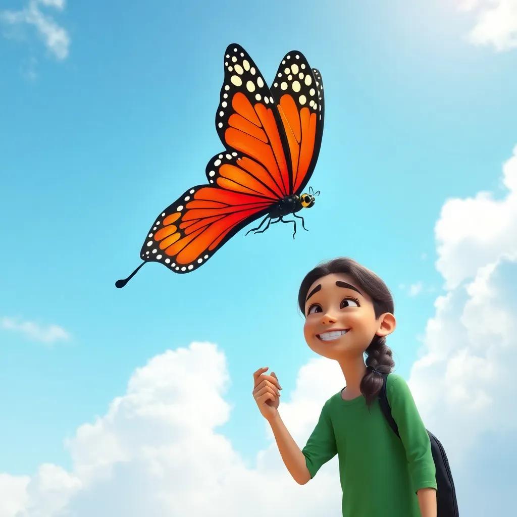 Ali and the butterfly together, symbolizing friendship, with a bright sky above them, essence of joy and growth, smiling faces, high quality