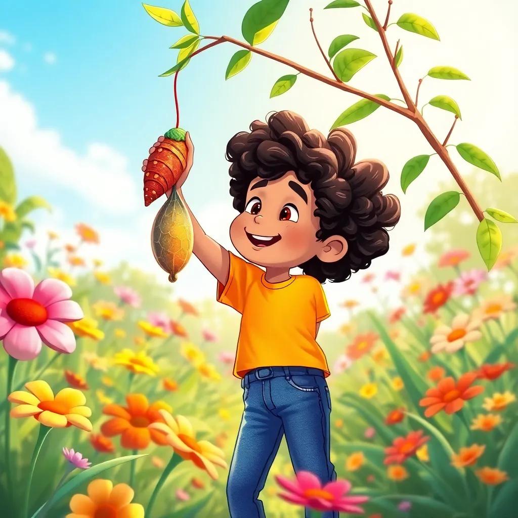 A sunny garden backdrop with vibrant flowers, a young boy named Yahya with curly hair wearing a bright t-shirt and jeans, excitedly discovering a colorful chrysalis hanging from a branch, bright colors, cheerful atmosphere, illustration, charming style