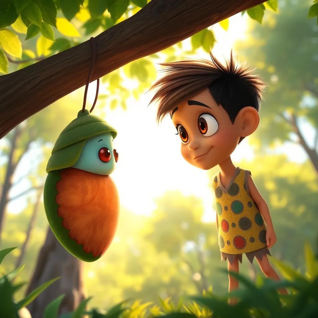 Yahya, looking closely at the chrysalis, with a curious expression, the sunlight shining through trees, bright background, whimsical art style, playful perspective, uplifting
